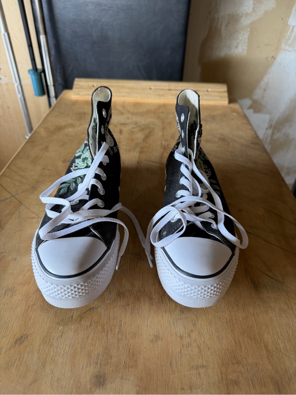 Converse High Top Sneakers in Black with Green and Cream Floral Embroidery - Picture 2 of 4